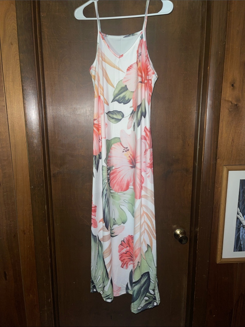 Floral White Maxi Dress with Pink Hibiscus Print
